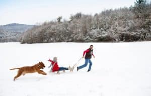 Perro y dueños en la nieve